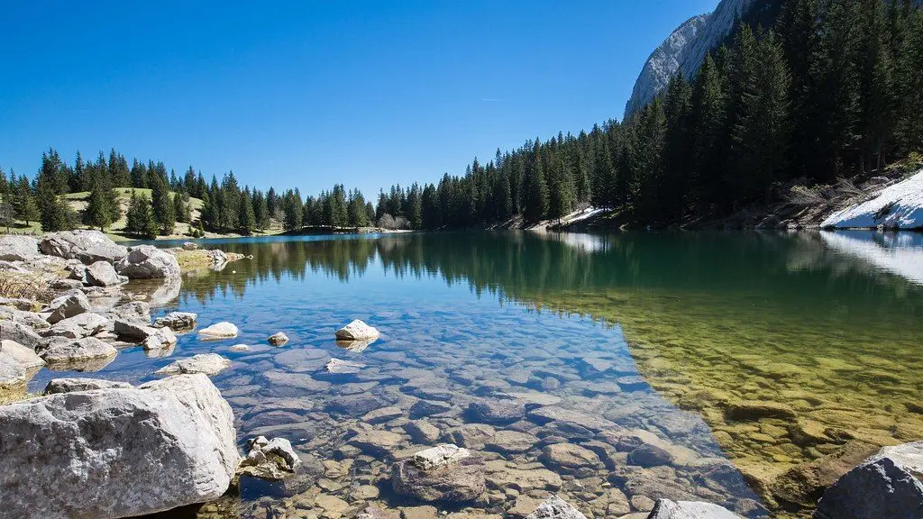 Le lac Bénit aux eaux turquoise transparentes, sapins et falaises du Bargy