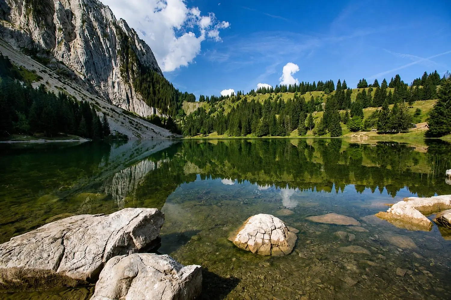 Le lac Bénit en été, eaux cristallines et reflets des sapins
